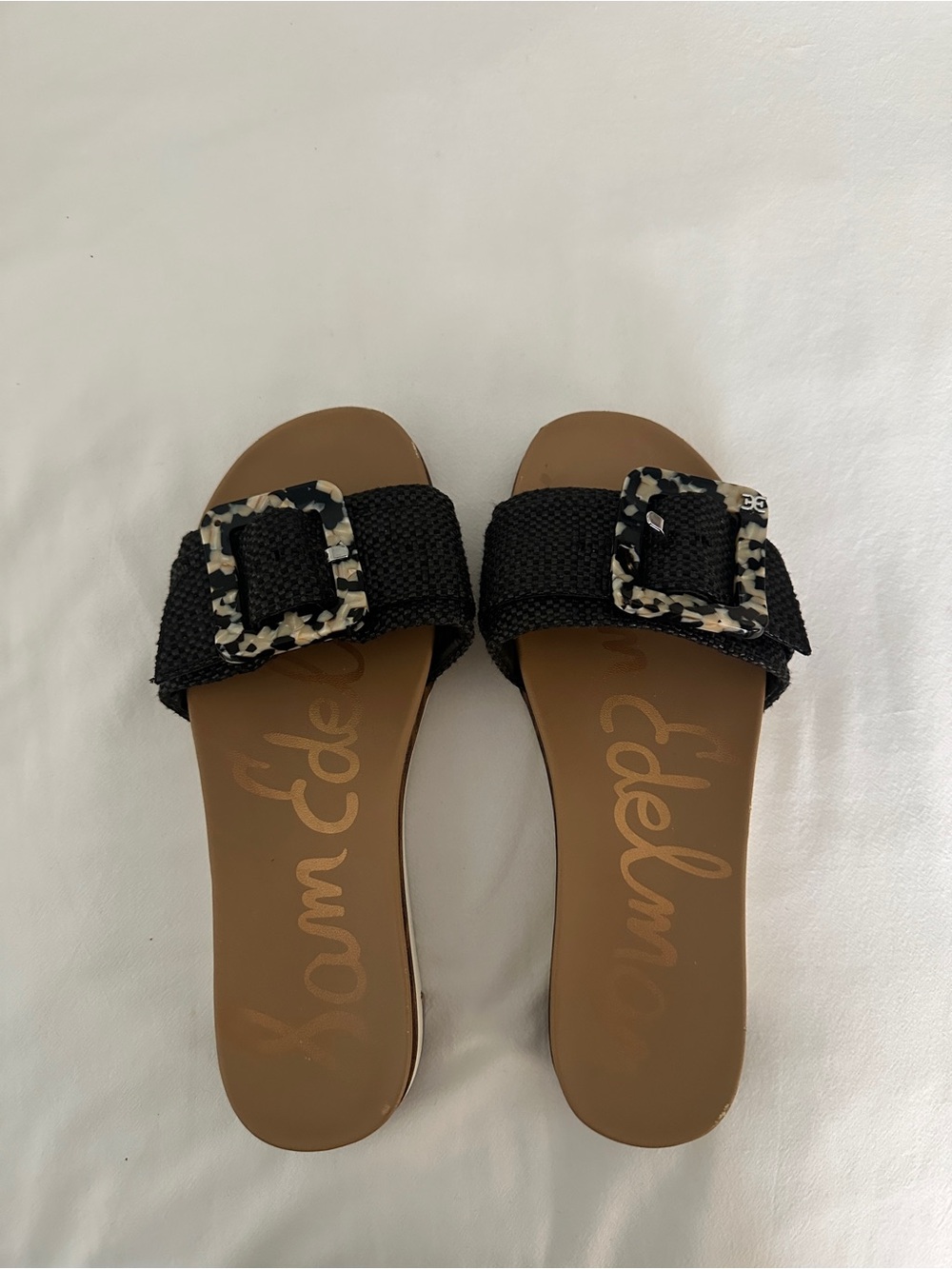 Sam Edelman Womens 6.5 Raffia Slide Sandals Tortoise Buckle Resort slip on